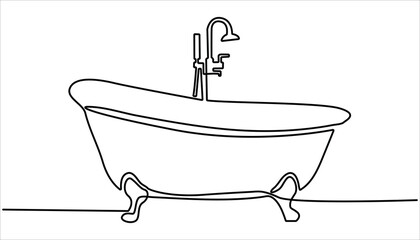 Bathtub continuous one line drawing illustration. Hand Drawn Symbol Vector Illustration, bathtub with shower continuous one line drawing.  Simple bath in single line draw illustration.