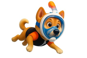 Cute cartoon dog in snorkeling gear and wetsuit swimming underwater. Concept of kids’ summer vacation at the sea, fun water adventure, and beach playtime