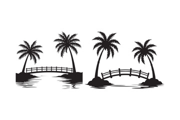 Palm Tree Island Bridge Silhouette Vector Tropical Landscape Illustration