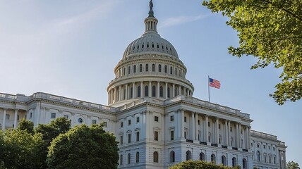 A photograph of the U.S. Capitol Building taken from a dramatically low angle on a bright, sunny day.
