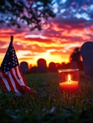 candle american flag ribbon cemetery sunset headstones patriotic memorial day tribute lit veterans day