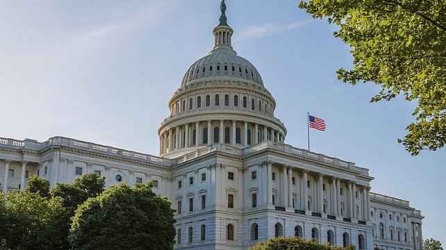 A photograph of the U.S. Capitol Building taken from a dramatically low angle on a bright, sunny day.