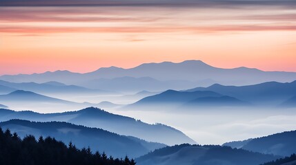 Obraz premium A minimalist scene of dark Carpathian peaks against a glowing pink and orange sunrise, the sky smooth and gradient, a thin mist layer resting on the valleys, creating a sense of peace and calm.