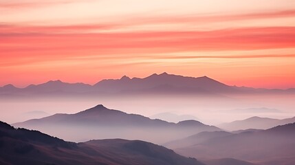 A minimalist scene of dark Carpathian peaks against a glowing pink and orange sunrise, the sky smooth and gradient, a thin mist layer resting on the valleys, creating a sense of peace and calm.