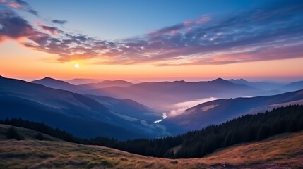 Fototapeta premium A panoramic view of the Carpathians at sunrise, warm orange and pink sky above a deep navy mountain silhouette, long rays of light spilling over the ridges, creating a glowing, magical effect.