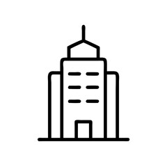 Minimalist Office Building Icon in Line Art Style – Black Outline Skyscraper Silhouette with Central Tower and Side Wings – Real Estate, Architecture, and Urban Cityscape Symbol on White Background

