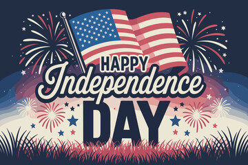 Happy 4th of July Fireworks Celebration Poster, United States Independence Day Banner Design, USA Flag and Stars Festive Greeting Card.