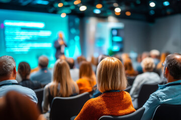Focused woman listening to business presentation at modern conference event