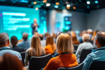Fotobehang Focused woman listening to business presentation at modern conference event © perfectlab