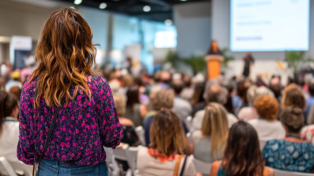 Diverse conference audience watching speaker from stage perspective at business event