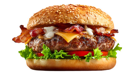 Juicy beef burger with bacon, cheese and salad