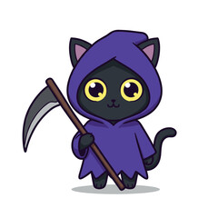 Chibi style cute black cat grim reaper