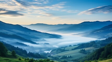 Fototapeta premium A serene, wide-angle view of the Carpathians at dawn, the sky transitioning from deep blue to warm peach, gentle rays of light streaming over mountain ridges, soft mist enveloping the valleys.