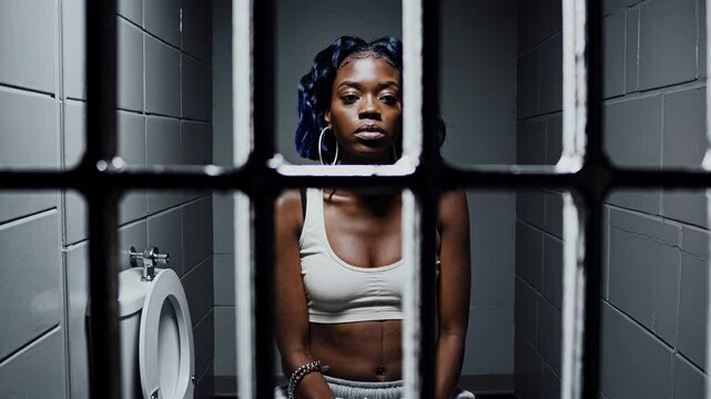 Thoughtful woman behind bars in isolation