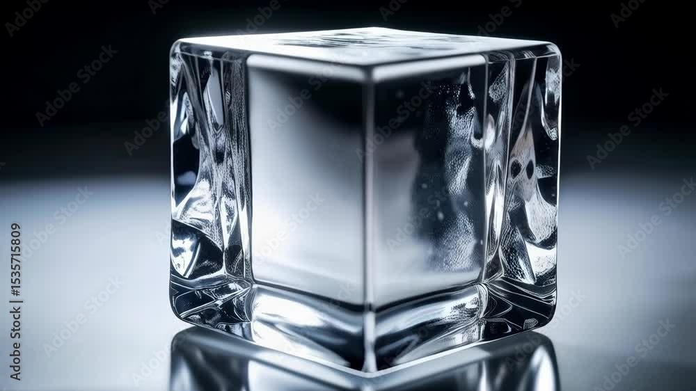 Poster close-up of a glistening, reflective ice cube on a smooth surface, showcasing its sharp edges and te
