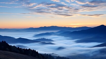 Fototapeta premium A soft, golden sunrise casting warm light across the Carpathian peaks, delicate clouds streaking across the sky, mountain silhouettes in deep navy blue and grey.