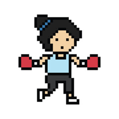 Obraz premium Cartoon cute pixel character woman exercises training boxing pugilism punch lifestyle decor life style 8 bit female lady boxing fisticuffs gym game 8bit fitness isolated PNG vector.