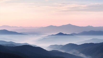 A soft, muted sunrise over the Carpathians, delicate peach and lavender tones blending across the sky, mist-covered valleys and silhouetted mountain ridges creating a peaceful, tranquil scene.