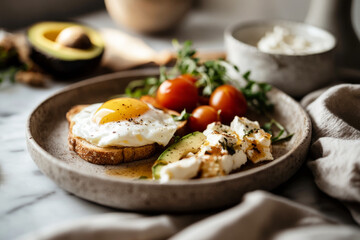 Breakfast board featuring sunny side up egg, fresh tomatoes, avocado slices, and creamy cheese served on rustic plate
