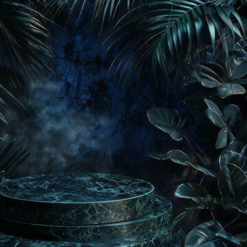Dark Green Marble Pedestal Surrounded By Tropical Foliage