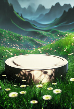 Vibrant Meadow With Daisies And Central Circular Platform