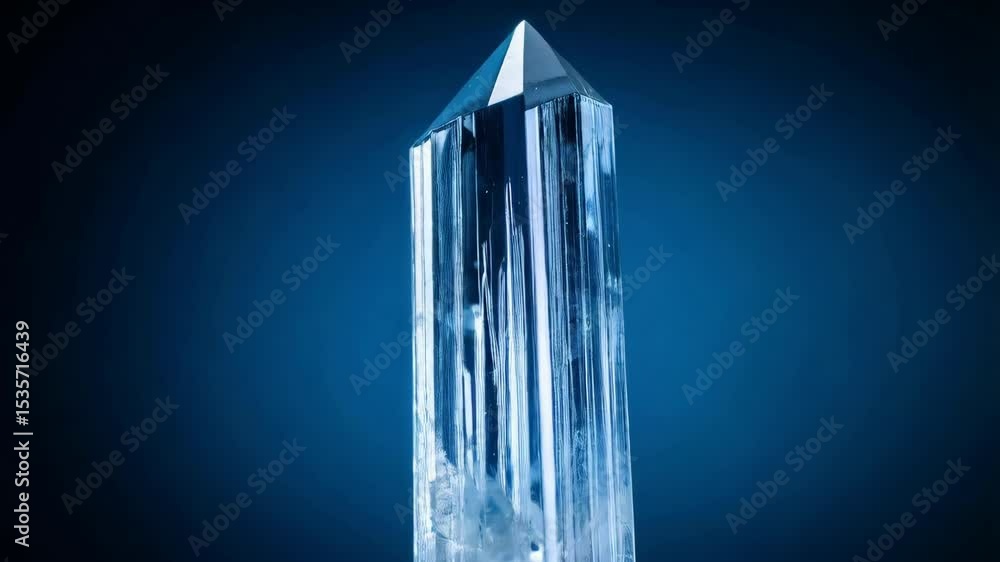 Poster close-up of a clear, elongated hexagonal gemstone with a pointed tip, showing natural internal stria