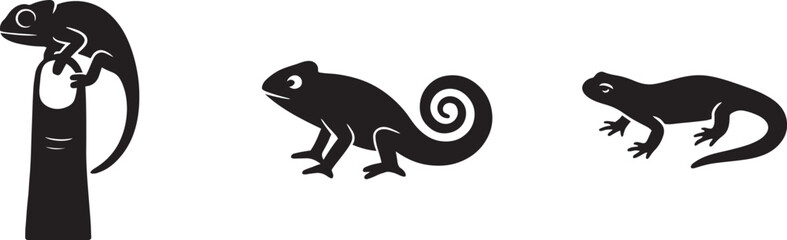 Reptile silhouettes black and white for education, Lizard and snake icons minimal style