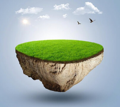 3d illustration of flying paradise rock floating island with green grass field isolate