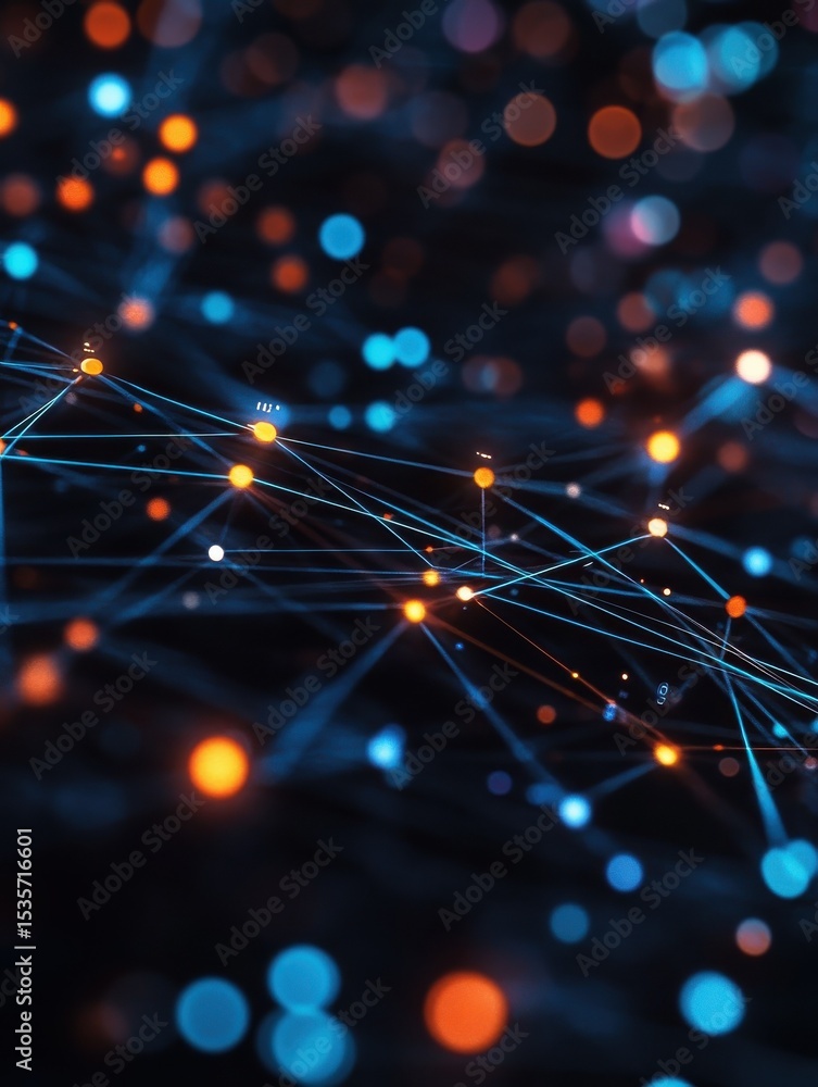 Poster futuristic digital network with illuminated nodes and colorful data charts on a dark background