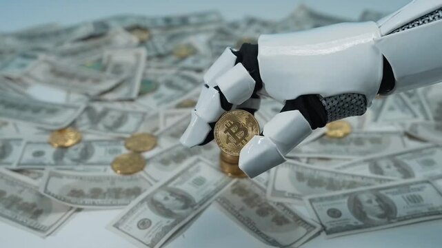A robotic hand delicately holds a Bitcoin coin while surrounded by stacks of cash, illustrating the intersection of technology and finance in modern investment practices. MZL
