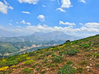 Obraz premium A panoramic view of green mountain ranges and foothills in Bostanliq District of Tashkent Region, Uzbekistan, stretching into the distance under a cloudy sky. 