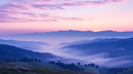 Fototapeta premium A subtle sunrise scene of dark Carpathian silhouettes, a pale peach and violet sky, mist clinging to the valleys, and the first rays of light illuminating the mountain ridges.