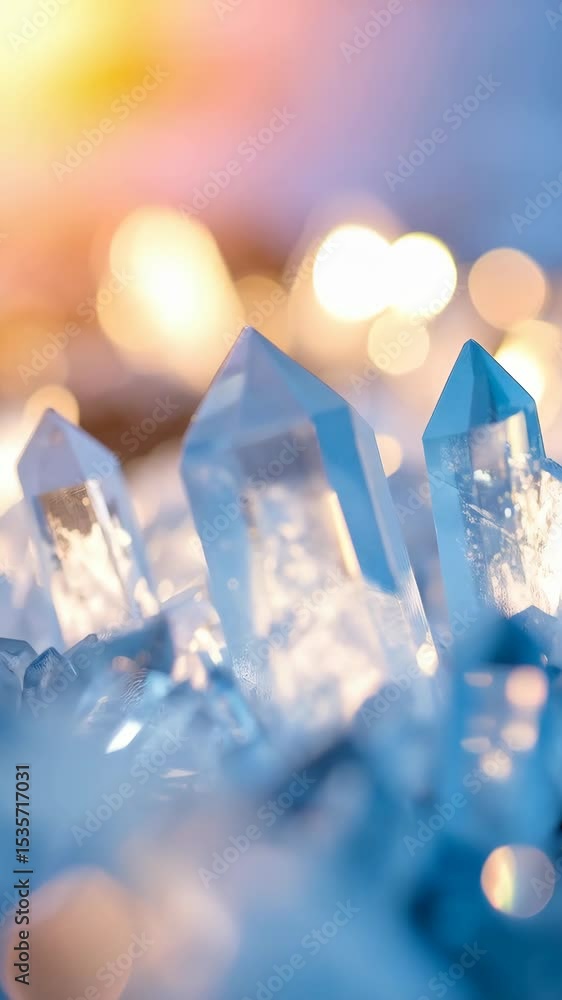 Poster close-up photograph showcases multiple clear quartz crystals with sparkling bokeh backgrounds and et