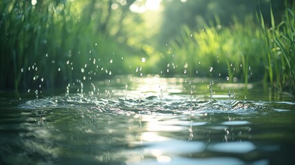 Fototapeta premium Close-up of raindrops splashing on a serene water surface surrounded by green grass in soft morning light.