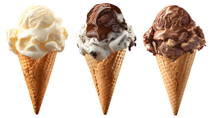 Delicious trio of ice cream cones featuring vanilla cookies and cream and chocolate peanut butter flavors on isolated on white transparent background