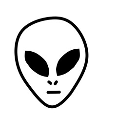 A minimalist black and white drawing of a classic alien head with large, oval black eyes, a small nose, and a thin, straight mouth.
