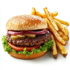 Delicious burger and french potato fries, cut out