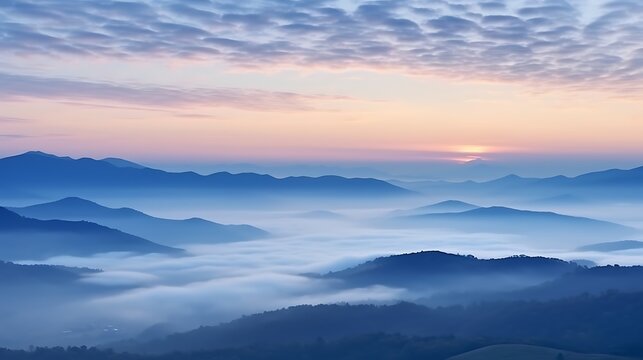 A subtle sunrise scene of soft blue and pink sky over the Carpathians, layers of mountains fading into the mist, the sun barely peeking above the horizon, creating a peaceful mood.