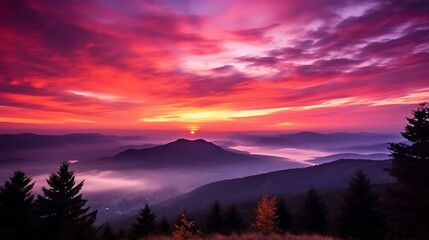 Obraz premium A vibrant sunrise scene over the Carpathians, sky glowing in intense shades of pink, magenta, and orange, dramatic clouds drifting across the sky, mountain silhouettes dark and bold.