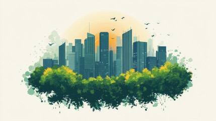 Fototapeta premium Green city skyline with urban forest at sunrise 