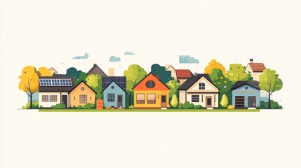 Fototapeta premium A row of colorful houses with trees and clouds, featuring solar panels and a variety of roof styles in an autumn setting.