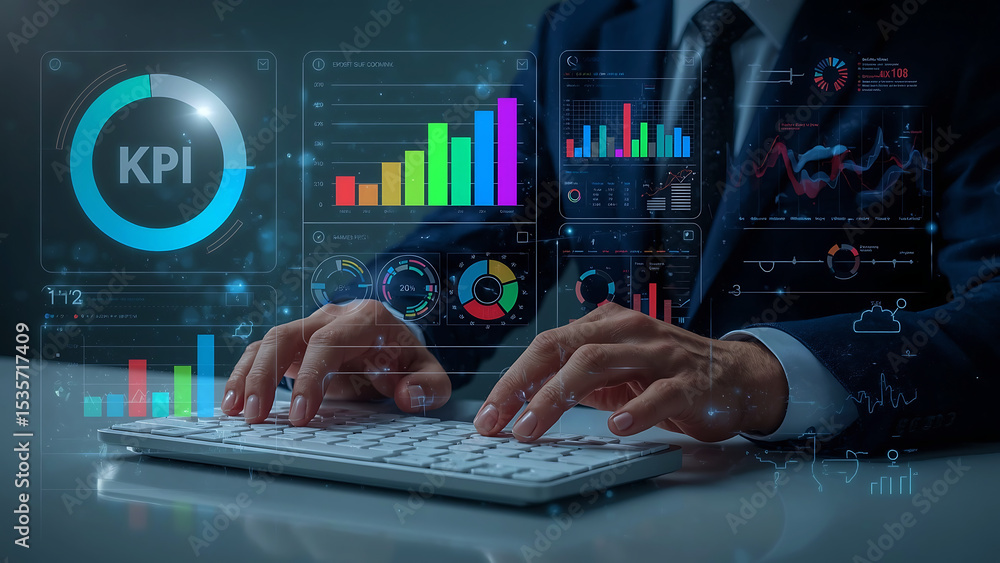 Poster business professional using ai powered kpi dashboards for business data analysis, performance metric