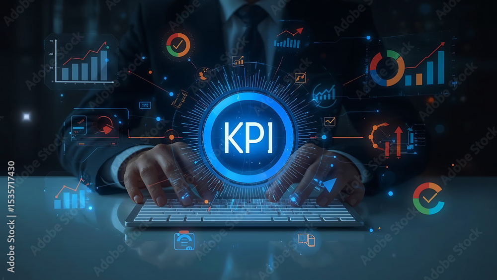 Poster business professional using ai powered kpi dashboards for business data analysis, performance metric