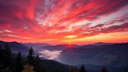 Fototapeta premium A vibrant sunrise scene over the Carpathians, sky glowing in intense shades of pink, magenta, and orange, dramatic clouds drifting across the sky, mountain silhouettes dark and bold.