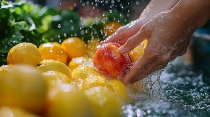 Hands washing fresh fruits under running water, highlighting cleanliness and freshness with water droplets sparkling on vibrant oranges and a red apple.