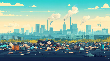 Obraz premium A polluted industrial cityscape with factories emitting smoke and a foreground littered with garbage and debris under a hazy sky.