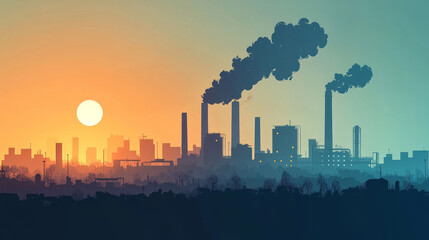 Industrial factory emitting smoke at sunset, highlighting air pollution and environmental impact.