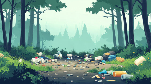 A forest clearing polluted with scattered plastic waste and litter, highlighting environmental pollution in a natural setting.