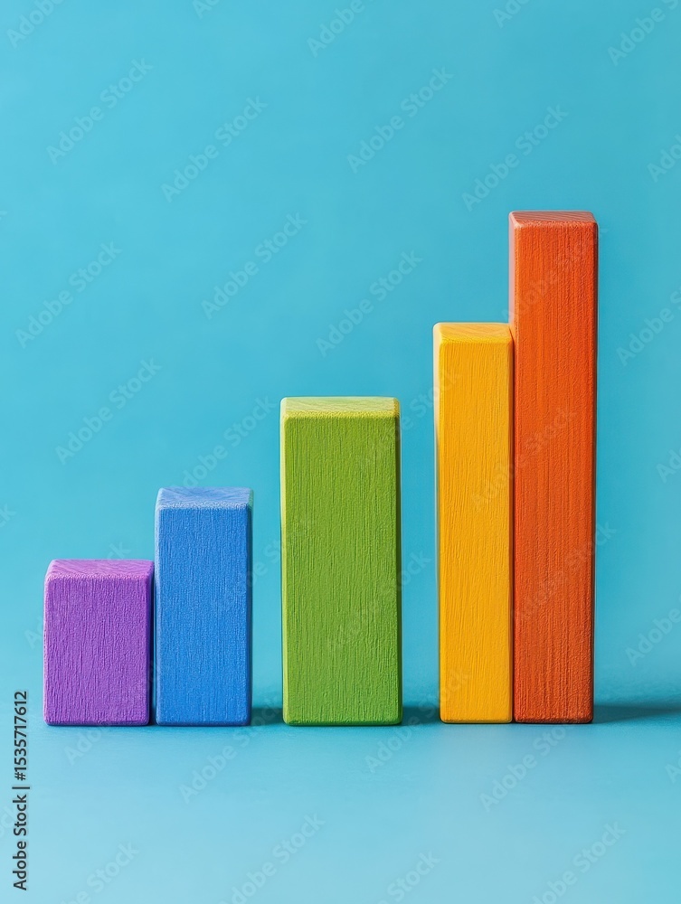 Aufkleber creative wooden blocks forming a colorful bar graph representing statistical growth against a plain 