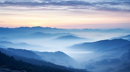 A subtle sunrise scene of soft blue and pink sky over the Carpathians, layers of mountains fading into the mist, the sun barely peeking above the horizon, creating a peaceful mood.